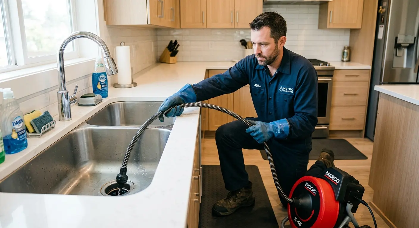Drain cleaning technician using a motorized snake on a kitchen sink in Palm Harbor