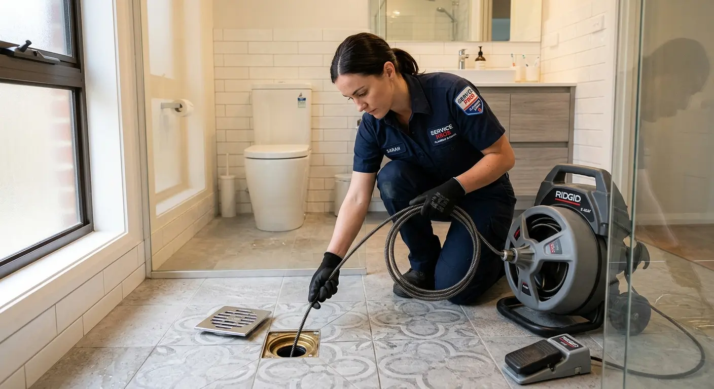 Technician clearing a bathroom floor drain for Drain Cleaning in Palm Harbor